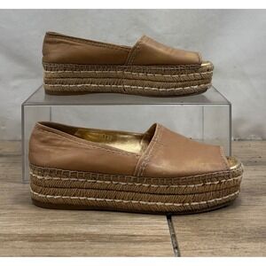 Prada Milano Espadrille Platform Wedge Peep Toe Leather Tan Shoes Size 39.5